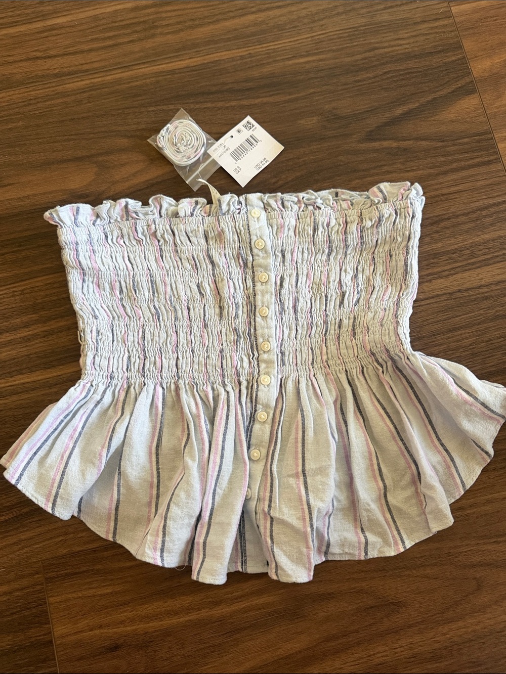 Smocked Strapless Peplum Crop Top - Light Blue with Pink & Navy Stripes (straps)